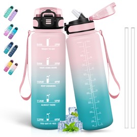 Drinking Bottle, 1 Litre Sports Water Bottle with Straw, Leak-Proof Drinking Bottle with Motivational Slogan, Water Bottle with Time Marking, for Fitness, Camping, Yoga, Pink-Cyan