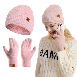 INSISMY Womens Winter Knit Beanie Hat and Touchscreen Gloves Set Warm Soft Double Layer Fleece Lined Beanie Skull Caps for Women Pink