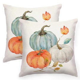 RABUSOFA Fall Pumpkin Pillow Covers 18x18 Set of 2,Thanksgiving Orange Leaves Outdoor Autumn Decoration for Home Sofa Couch Cushion Cases (Aqua&Orange, 18" x 18" (Pack of 2))