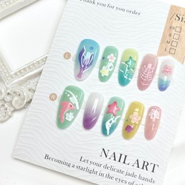 3D Ocean Life Press on Nails Medium Almond Fake Nails Pink Dolphin False Nails with Purple Mermaid Designs Acrylic Nails Cute Floral Stick on Nails Summer Beach Artificial Nails for Women 30Pcs