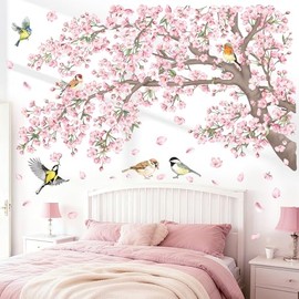 decalmile Large Cherry Blossom Tree Branch Wall Stickers Pink Floral Birds Wall Decals Baby Nursery Bedroom Living Room Home Decor
