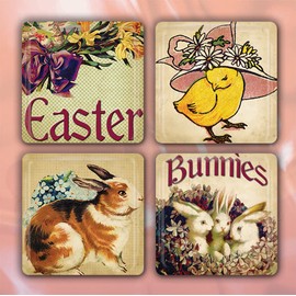 Vintage Sweet Easter Bunnies Collection Handmade Square Glass Tile Magnets 30mm (1.18") - Set of 4
