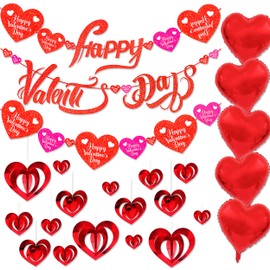 28 Pcs Happy Valentines Day Decorations, Valentines Hanging Heart Garland Banner With Heart Balloons, Valentines Day Heart Banner Hanging Decor Wall Ornaments for Anniversary Wedding Valentines Décor