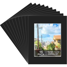 15 Pack 11x14 Black Picture Mats, Frame Mattes for 8 x10 Pictures Display Photo Frame Mat Core Bevel Cut Mat Board Show Kit for Photos, Prints, Artworks