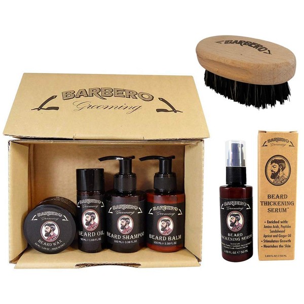 Barbero Grooming Beard Care Kit with Thickening Serum and Wooden Boar Beard Brush