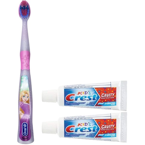 Oral-B Princess Toothbrush for Little Girls, Extra Soft, Characters Rapunzel - 1 Count and Kids Cavity Protection Toothpaste, Sparkle Fun Size 0.85oz (24g) - Pack of 2 Set for Age 3+