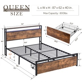 Zevemomo Queen Bed Frame with Drawers, LED Queen Bed Frame with Headboard, Charging Station with 3 USB Ports & 1 Type-C Port, No Noise, Rustic Brown