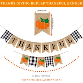 Thankful Banner, 2 Pcs Thanksgiving Burlap Bunting Garland with Buffalo Check Plaid Black and White Autumn Pumpkin Harvest Decorations for Mental Fireplace Office Classroom Friendsgiving Party Decor