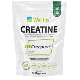 Wellthy Creatina Monohidratada Creapure ® 500g. 100% Pura. Solo 1 Ingrediente Creatina Alemana Creapure®. Vegana, Sin Azúcar, 100 porciones, 5g por porción, Incluye Scoop. Pure. Proven. Perfect.