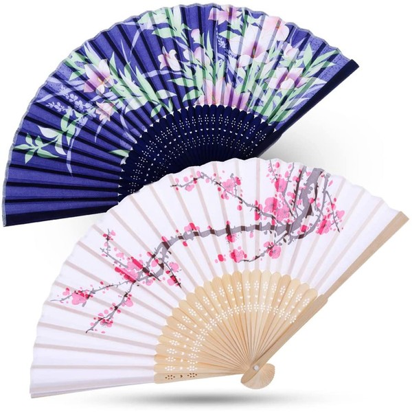 Faburo 2pcs Hand Held Silk Folding Fans