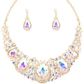 SFE Jewelry set for women, 14K Gold/Platinum Plated Costume Fashion Crystal Hollow Scroll Statement Necklace Dangle Earrings set for Bride Wedding Jewelry Set (AB Crystal-Gold Plated)