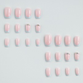 Medium Press On Nails Square Fake Nails French Tip False Nails With Rhinestone Design Full Cover Artificial Acrylic Nails Nude Glue On Nails Glossy Stick On Nails For Women 24pcs