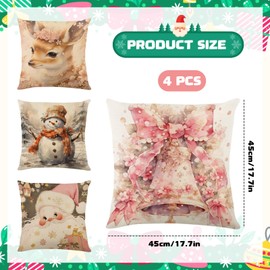4pcs Christmas Cushion Covers 45x45cm Retro Christmas Pillow Covers Xmas Decoration Throw Pillow Covers Merry Christmas Pillow Cases Christmas Decor Pillowcase for Sofa Living Room Bed Couch (Pink)