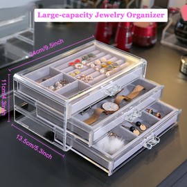 AREMOD Jewelry Organizer Box with 3 Drawers, Clear Acrylic Jewelry Organizer Stackable Velvet Jewelry Trays Earring Display Holder for Women Girls Ring,Necklace Earring Organizer(Gray)
