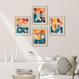 SIGNWIN Framed Mid-Century Modern Colorful Geometric Polygons Wall Art, Set of 4 Abstract Geometric Wall Decor Prints, Nature Wilderness Wall Décor for Living Room, Bedroom - 12"x16" Natural