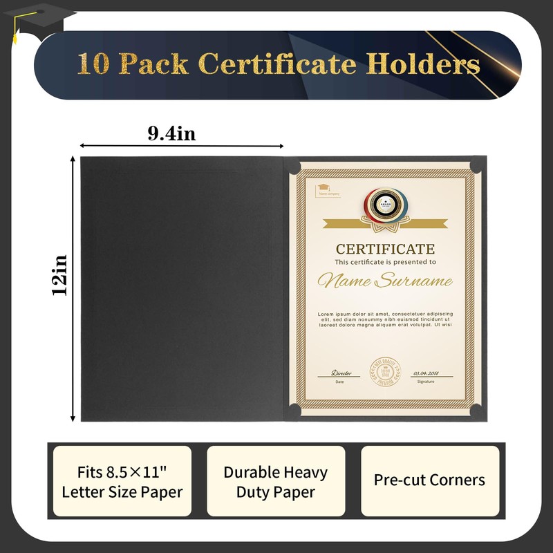 10 Packs Certificate Holders, Black Certificate Covers, Diploma Holders, Certificate
