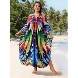 Yanziliu Kaftan Dresses Plus Size V-Neck Women's Swimwear Cover Ups Tie Dye Batwing Sleeves Mumu Caftan Dress, Blue Red Bow, One Size