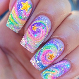 24Pcs Colorful Swirl Fake Nails Gold Stars Press on Nails Glossy Rainbow Milky Way Stick on Nail Medium Square Acrylic Full Cover False Nail Starry Sky Gel Glue on Fingernails for Holiday Manicure Art
