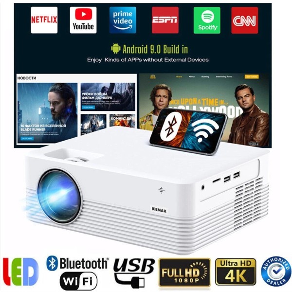 JEEMAK 4K Android WiFi Bluetooth Mini Projector Smart Home Movie