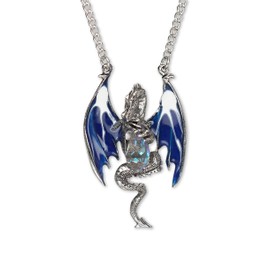 Blue Dragon Holding Faceted Crystal Medieval Renaissance Pendant Necklace