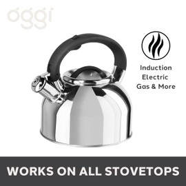 OGGI Tea Kettle for Stove Top - 64oz / 1.9lt, Stainless Steel with Loud Whistle, Ideal Hot Water Kettle and Water Boiler - Silver Mirror