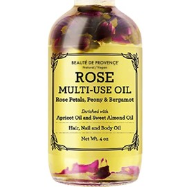 BEAUTE DE PROVENCE Multi-Use Oil for Face, Body and Hair - Organic Blend of Apricot, Vitamin E and Sweet Almond Oil Moisturizer for Dry Skin, Rose Petals, Bergamot Essential Oil - 4 Fl Oz