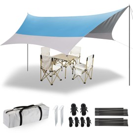 12X14FT Camping Tarp with 2 Poles, UV UPF50+ Lightweight Car Awning Sun Shelter, PU3000 Waterproof Tarp for Camping, Hiking and Backpacking Trips