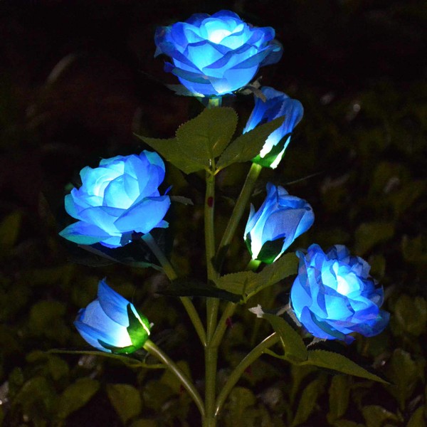 [Upgraded 6 Flowers] Solar Powered Decorative Rose Garden Stake Lights, Waterproof Realistic Artificial Flowers for Outdoor Flower Bed Patio Yard Pathway Memorial Cemetery Grave Decorations, Blue