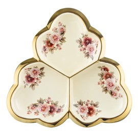 fanquare 3 Compartment Platter, Gold Porcelain Appetizer Serving Tray, Floral Ceramic Divided Serving Plate for Fruit, Candy, Nuts