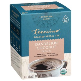 Teeccino Dandelion Coconut Tea - 10 Tea Bags - Caffeine Free, Roasted Herbal Tea with Prebiotics, 3x More Herbs than Regular Tea Bags, Gluten Free