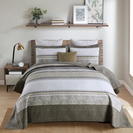 DDUOXIN 3 Piece King Bedspreads 120"x120" - 100% Cotton Oversized King Quilt with 2 Pillow Shams, Farmhouse Lightweight Bedspread Coverlet Sets for King Bed, Brown Gray Beige, King/Cal King