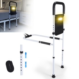 ALYCLIP Bed Rails for Elderly Adults Safety - Height Adjustable Bed Rail with Motion Light & Storage Pouch, Bedside Assist Bar with Support Legs - Fits Twin Full King Bed Rails for Queen Bed Black