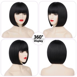 Guree Hair Black Bob Wig with Bangs Short Straight Bob Wigs for Women Heat Resistant Synthetic Bangs Wig for Daily Party Cosplay Use(12 Inch)