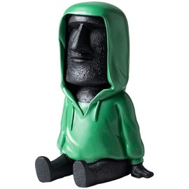 Moai Easter Island Statue Decoration with Smartphone Stand, Retro Figure Home Office Ornament with Phone Holder, Moai Statue with Green Coat for Bookshelf, Desktop Decoration, Black
