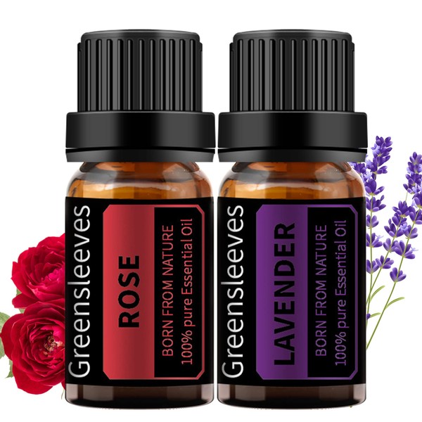 GREENSLEEVES Rose Lavender Essential Oil Set, 100% Pure Aromatherapy Oils for Diffuser, Humidifier - 2 x 10ml