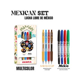 Zebra Mexican Sets - Lucha Libre - Multicolor: 4 Marcadores Doble Punta Mckie + 4 Bolígrafos De Tinta Gel Sarasa Clip Estuche 8 Piezas Multicolor.