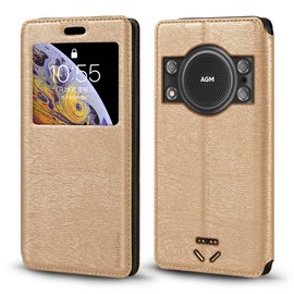 Shantime Viewable Window Leather Flip Case Compatible with AGM H5, Elegant Design Clear Display Invisible Magnetic Cover and Card Slot(Gold)