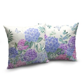Kwlegh Hydrangea Pillow Covers 18x18 Set of 2 Spring Flowers Outdoor Pillow Covers Blue Purple Hydrangea Eucalyptus Throw Pillowcase Cotton Linen Cushion Case for Sofa Outdoor Patio