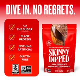 SkinnyDipped Dark Chocolate Peanut Butter Almonds, Healthy Snack, Plant Protein, Gluten Free, 3.5 oz Resealable Bags, Pack of 1