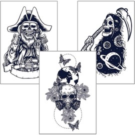 Set of 3 large size tattoo tattoo stickers, skull, 1 set / 큰 사이즈 문신 타투 스티커 3종 세트, 해골, 1세트