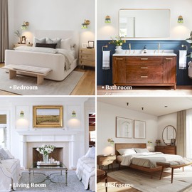 Shenmoyl Vintage Battery Operated Wall Sconce Set of 2 with Remote, Rechargeable Wall Lamp 3 Colors Dimmable, Brass Lights Fixture for Bedroom Bathroom Living Room Hallway Green Checker