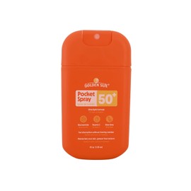 Golden Sun - Protector Solar en Spray 50+ FPS 30gr. Secado rápido, Aloe Vera, Vitamina E y Niacinamida. Sin sensación grasosa. Rostro y cuello. Contra el agua y sudor. Protege contra los rayos UVA/UVB