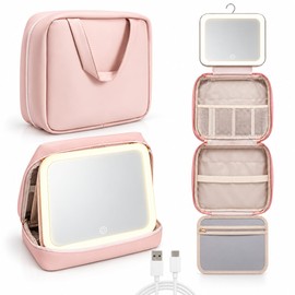 Cosmetiquera con Espejo y luz,Bolsa de Maquillaje con Espejo LED, 3 Niveles de Luz, Sensor Táctil,Adecuado para Viajes de Mujeres y Uso Doméstico (Blanquecino, Convencional)