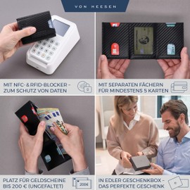 VON HEESEN Slim Wallet with RFID Protection - Card Case for Men and Women - Mini Leather Wallet - Small Wallet - Wallet, Black carbon, With coin compartment