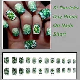 St Patrick's Day Press On Nails Short, 24Pcs St Patricks Day Glue On Nails, Saint Patricks Day Press On Nails, Green Press On Nails Short, Square Green Press On Nails