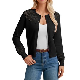 GRACE KARIN Black Cardigan for Women Lightweight 2025 Casual Long Sleeve Crew Neck Crochet Knit Outwear Blcak L