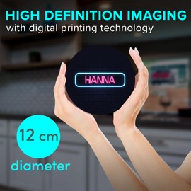 1 x Round Jumbo Size Coaster 12cm Neon Sign Design Hanna Name Cork Backed MDF Glossy Tea Coffee Accessory #353016