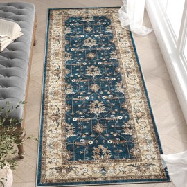 jinchan Runner Rug 3'x10' Washable Hallway Rug Vintage Floral Print Rug Kitchen Runner Rug Indoor Oriental Boho Rug Non Slip Classic Rug Retro Carpet for Bedroom Laundry Living Room 3x10ft Navy Blue