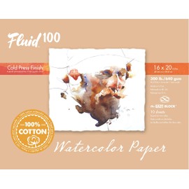 Fluid 100 Artist Watercolor Block, 300 lb (640 GSM) 100% Cotton Cold Press Pad for Watercolor Painting and Wet Media w/Easy Block Binding, 16 x 20 inches, 10 Sheets