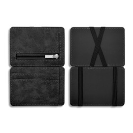 FuninCrea Slim Wallet for Men Clamshell Magic Thin Mens Wallet with 3 Card Slots and Zipper Coin Pocket, Frosted PU Leather Front Pocket Wallet Card Holder Wallet Ultrathin Money Clip for Men (Black)